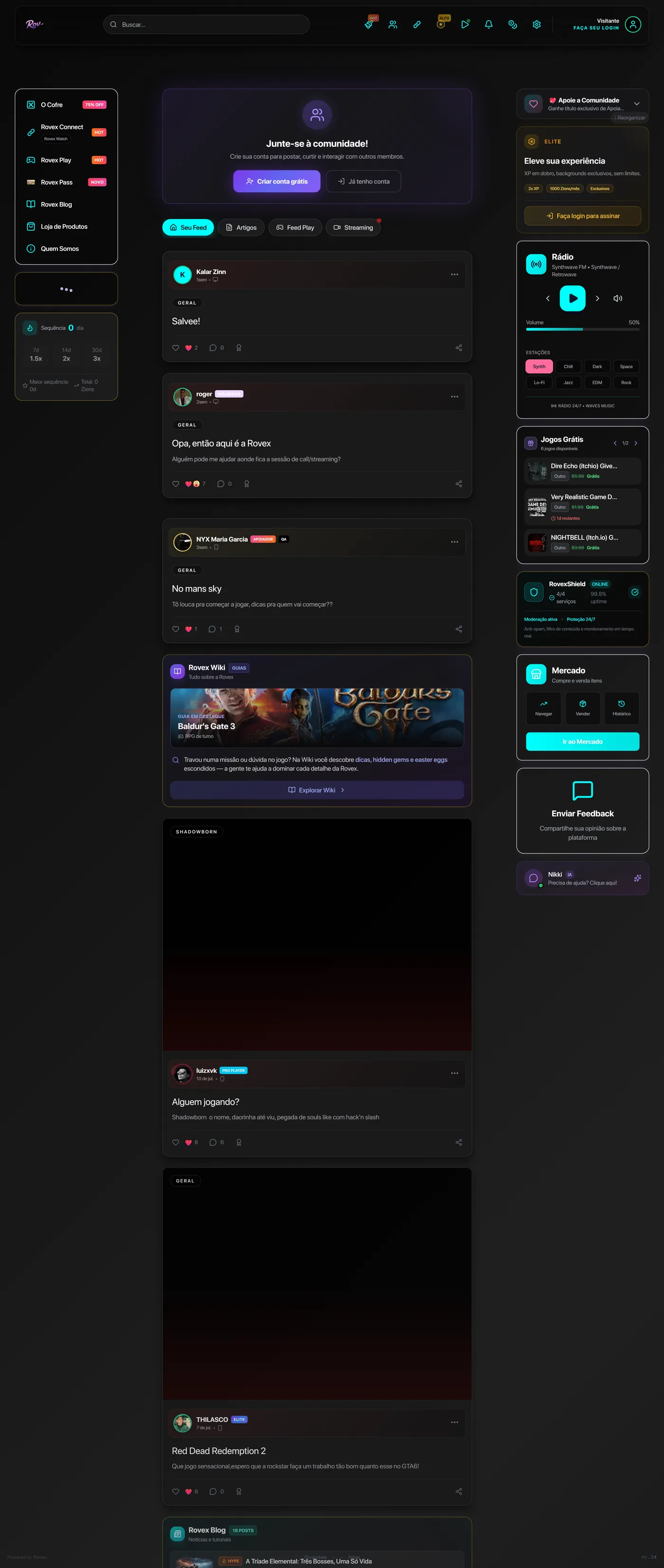 Feed da Rovex em produção, percorrendo publicações da comunidade, módulos laterais e o painel Elite.